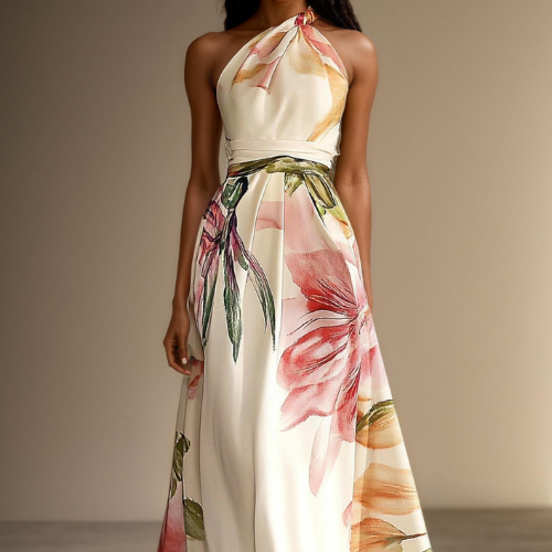 Pink Floral Satin One-Shoulder Sleeveless A-Line Maxi Dress