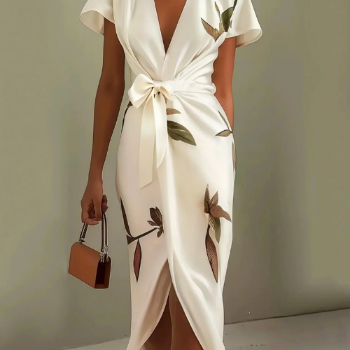 V-Neck Urban Leaf H-Line Midi Dress