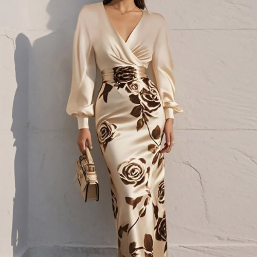 Apricot Printing V-Neck Balloon Sleeve Bodycon Maxi Dress